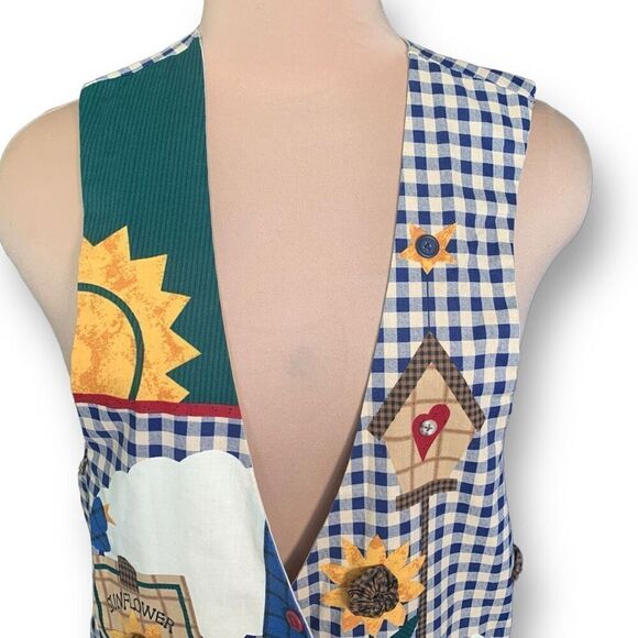 Vintage Handmade Vest Blue White Gingham Checks Sunflower Buttons Open Front - Picture 4 of 14